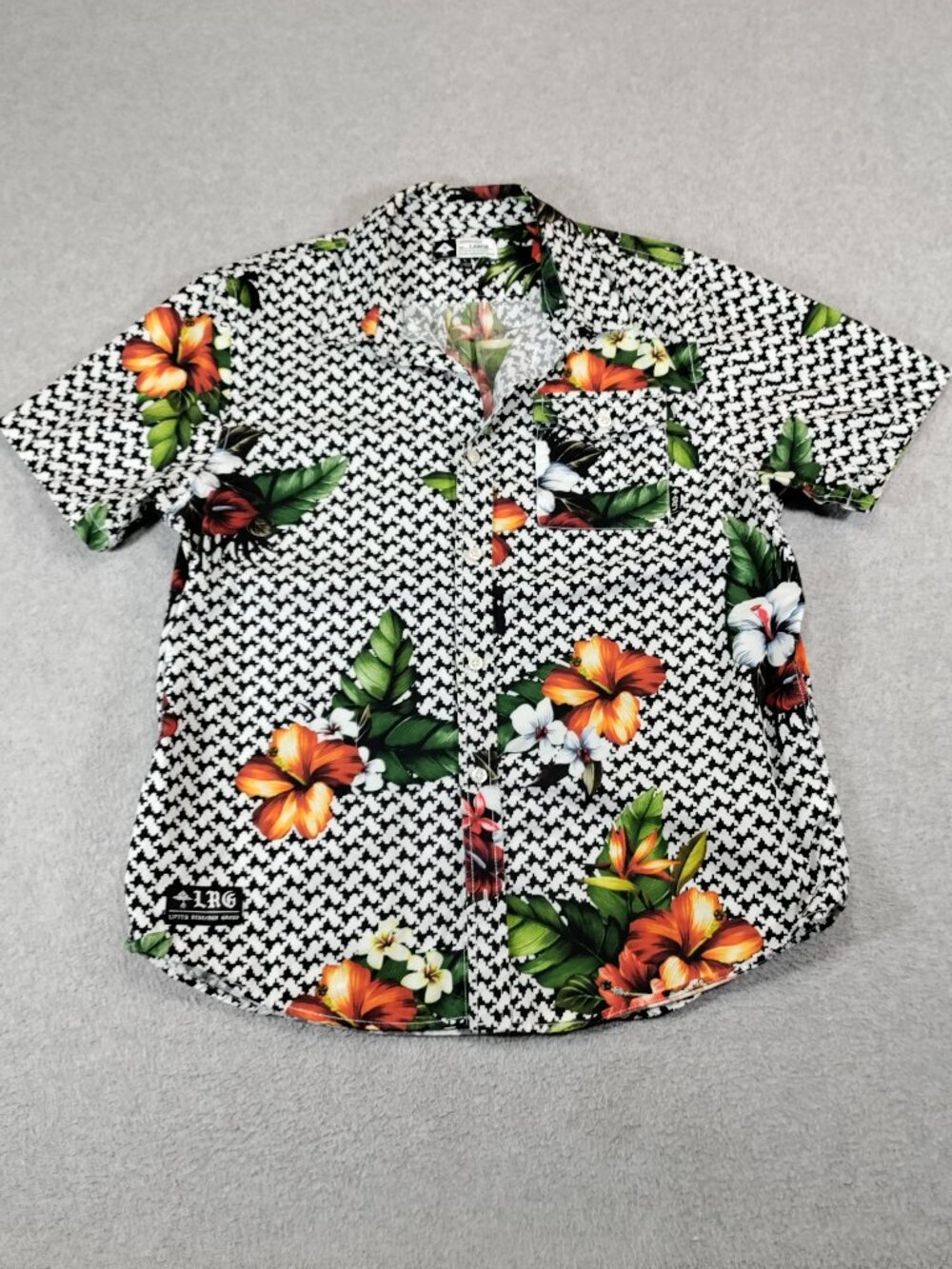 LRG Mens L Descendent Floral Button Up Shirt Black White Tropical